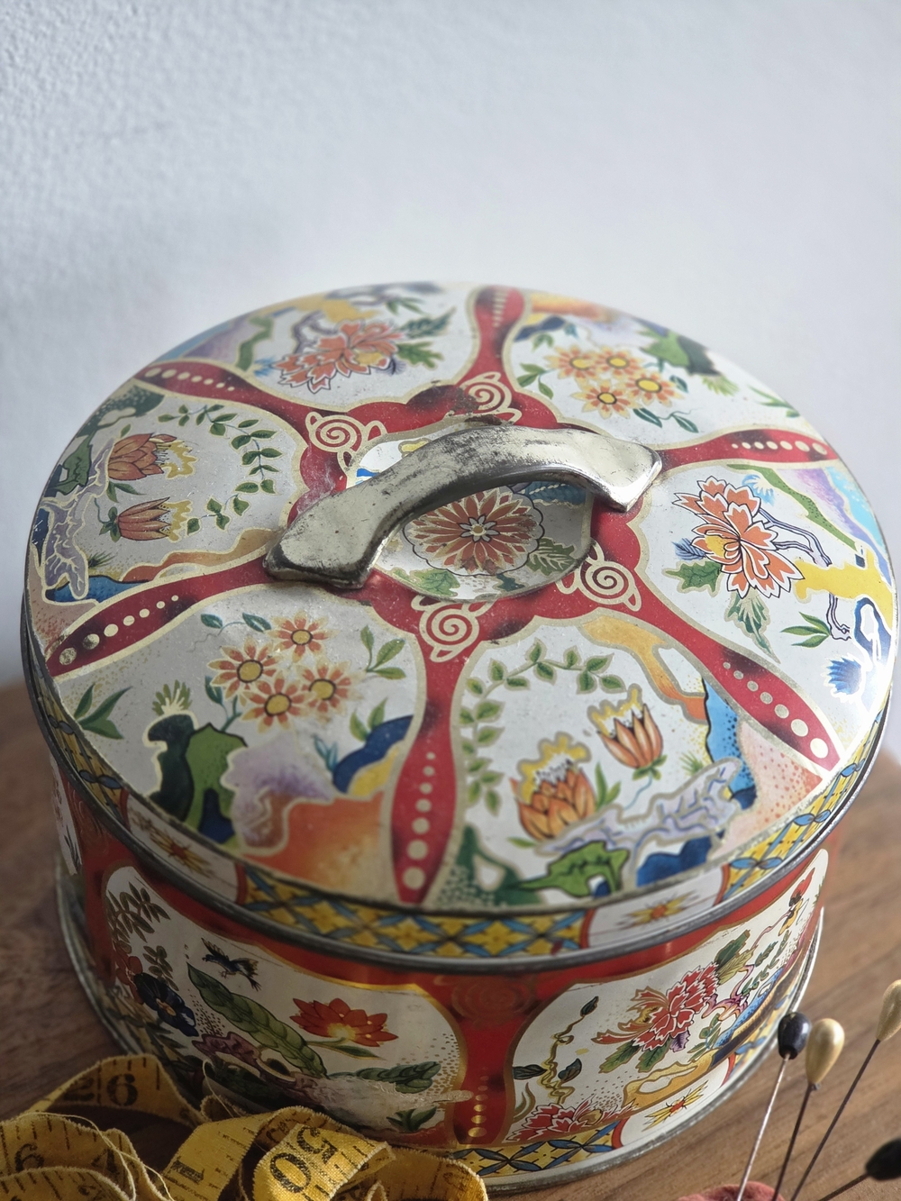 Vintage Decorative Cookie Tin  Floral Red and Multi Tin Storage Box By Gray Dunn